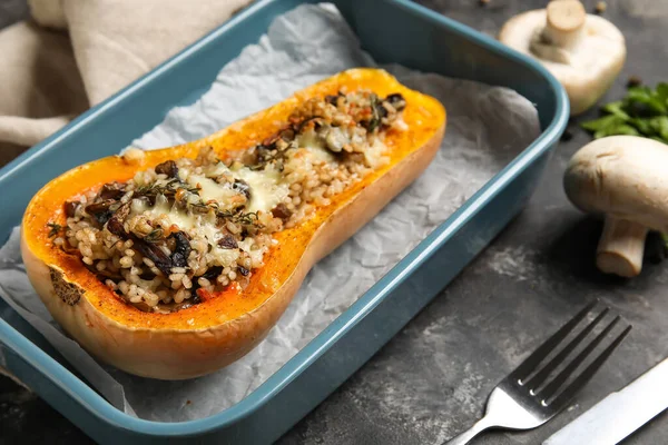 Baking Dish Tasty Stuffed Pumpkin Black Background Closeup — Stock Photo, Image