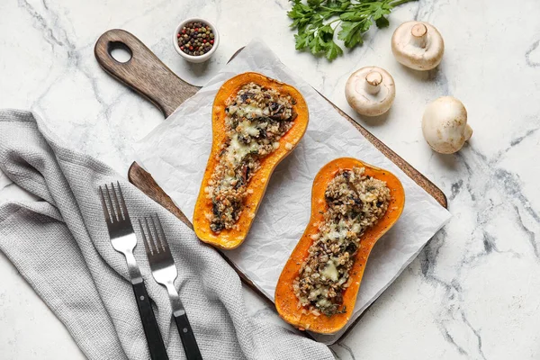 Wooden Board Tasty Stuffed Pumpkins White Marble Background — Stock Photo, Image