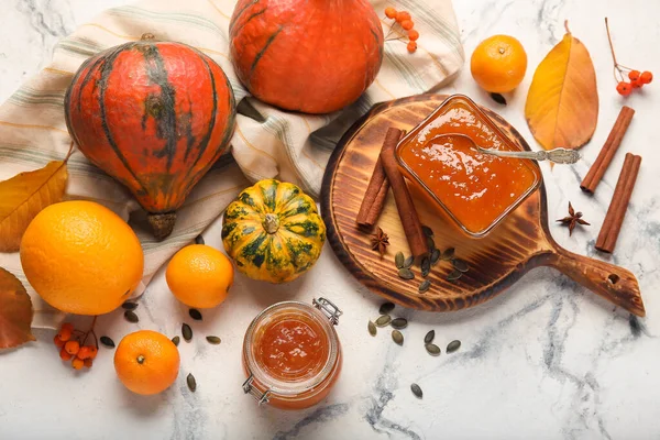Bowl Jar Sweet Pumpkin Jam Oranges White Marble Background — Stock Photo, Image