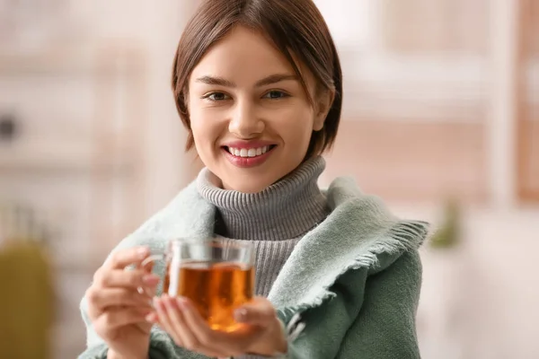 Beautiful Young Woman Drinking Tasty Tea Home — Stock Photo, Image