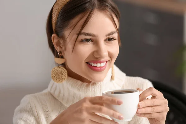 Beautiful Young Woman Drinking Tasty Tea Cafe — Stock Photo, Image