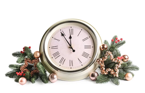 Stylish New Year Clock Christmas Balls Fir Branches White Background — Stock Photo, Image