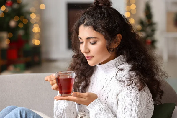 Beautiful Woman Drinking Tea Home Christmas Eve — Stock Photo, Image