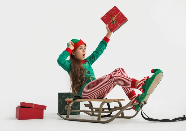 Sledding Little Girl Christmas Gifts White Background — Stock Photo, Image