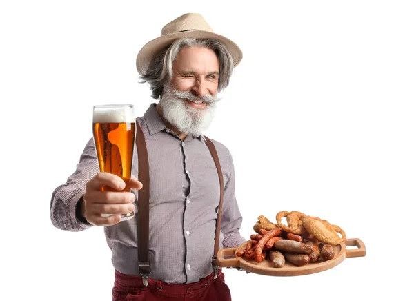 Senior Man Traditional German Clothes Beer Snacks White Background — Stock Photo, Image