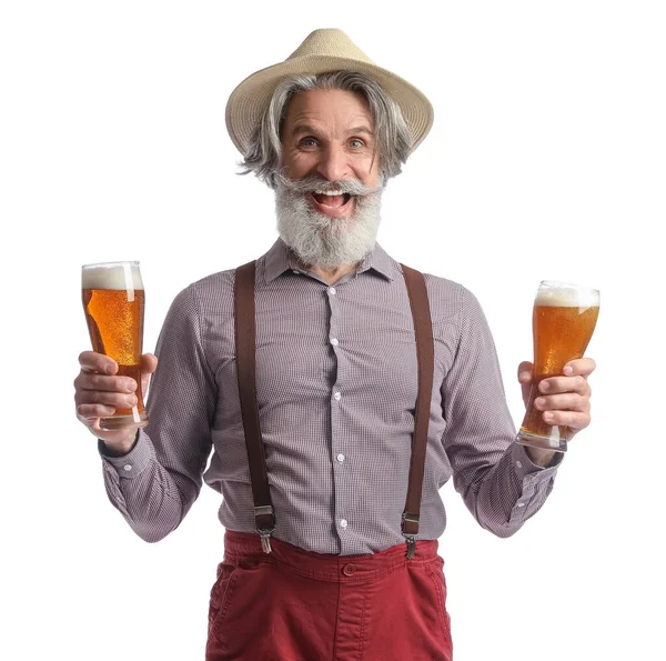 Homme Âgé Dans Des Vêtements Allemands Traditionnels Avec Bière Sur — Photo