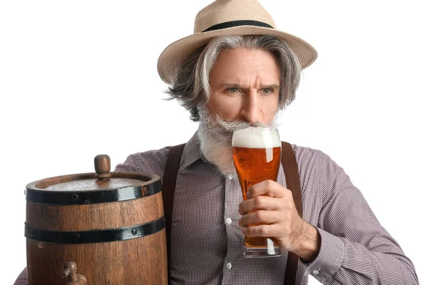 Старший Мужчина Традиционной Немецкой Одежде Пивом Белом Фоне — стоковое фото