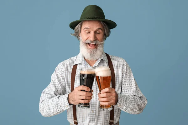 Handsome Senior Man Traditional German Clothes Beer Color Background — Stock Photo, Image