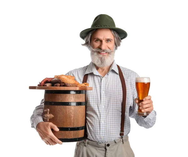 Handsome Senior Man Traditional German Clothes Beer Snacks White Background — Stock Photo, Image