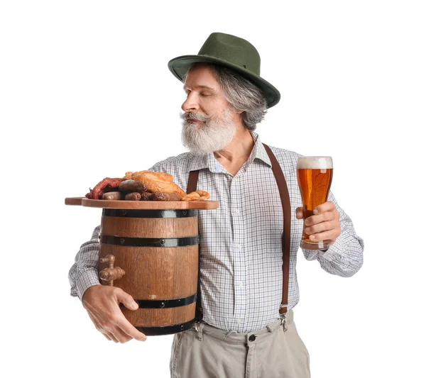 Handsome Senior Man Traditional German Clothes Beer Snacks White Background — Stock Photo, Image