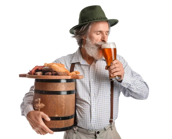 Handsome Senior Man Traditional German Clothes Beer Snacks White Background — Stock Photo, Image