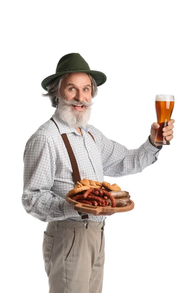 Knappe Oudere Man Traditionele Duitse Kleding Met Bier Snacks Witte — Stockfoto