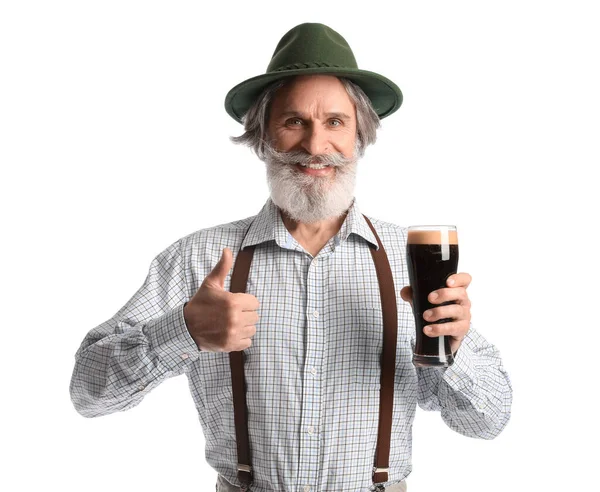 Bonito Homem Sênior Roupas Tradicionais Alemãs Com Cerveja Mostrando Thumb — Fotografia de Stock