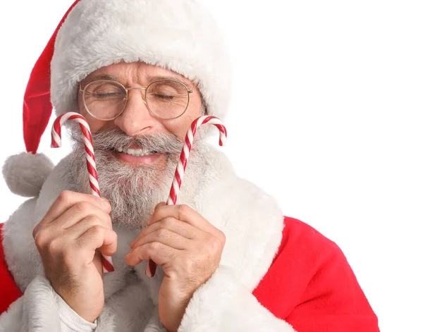 Santa Claus Sladkými Tyčinkami Bílém Pozadí — Stock fotografie