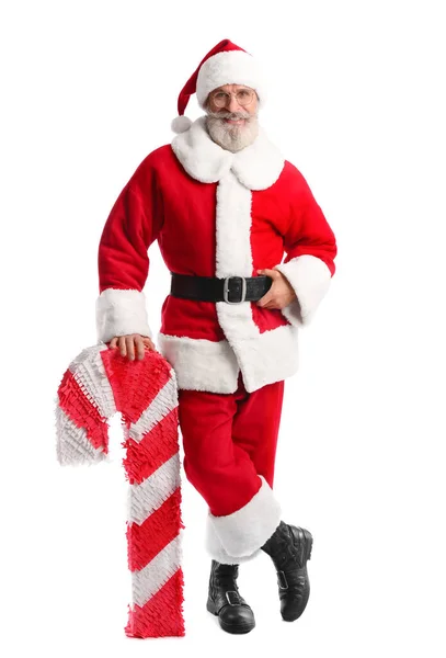 Kerstman Met Suikerriet Pinata Geïsoleerd Wit — Stockfoto