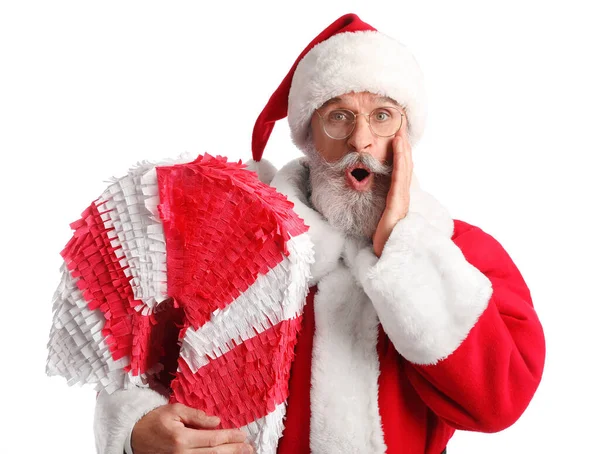 Surpreendido Papai Noel Com Pinata Cana Açúcar Isolado Branco — Fotografia de Stock