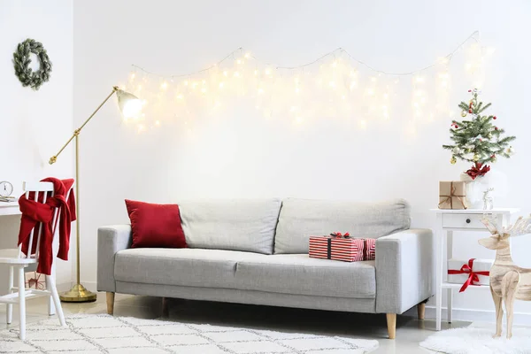 Interior Light Living Room Sofa Small Christmas Tree Glowing Lights — Stock Photo, Image