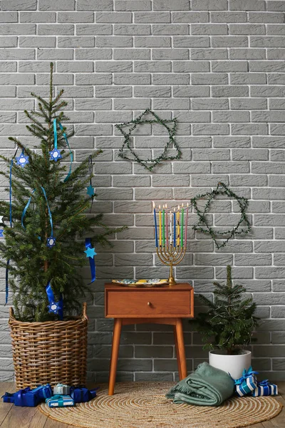 Menorah Cookies Hanukkah Celebration Christmas Trees Room — Stock Photo, Image