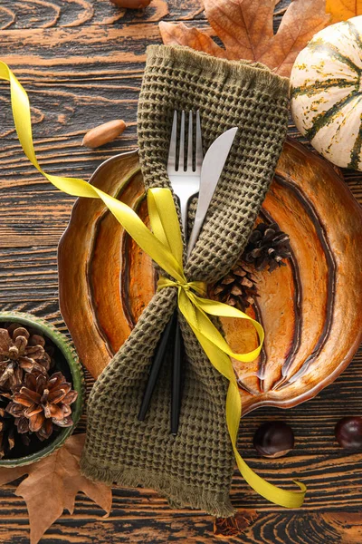 Composition Table Setting Autumn Decor Wooden Background — Stock Photo, Image