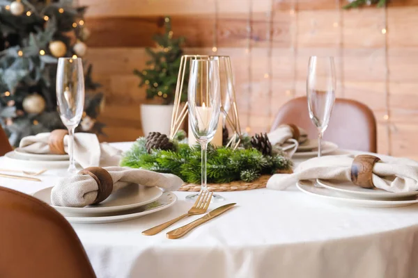 Tavolo Pranzo Con Bella Cornice Celebrazione Del Natale Camera Festiva — Foto Stock