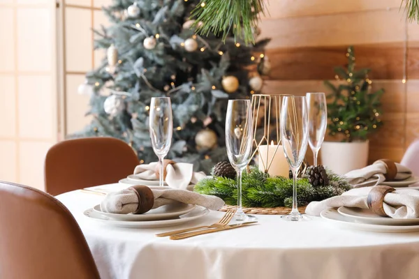 Tavolo Pranzo Con Bella Cornice Celebrazione Del Natale Camera Festiva — Foto Stock