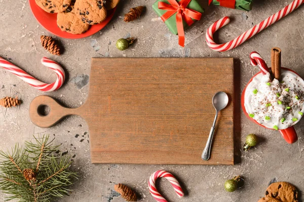 Composition Cup Tasty Cacao Candy Cane Wooden Board Tasty Cookies — Stock Photo, Image