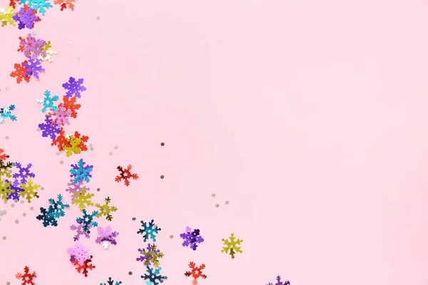 Beautiful Confetti Shape Snowflakes Pink Background — Stock Photo, Image