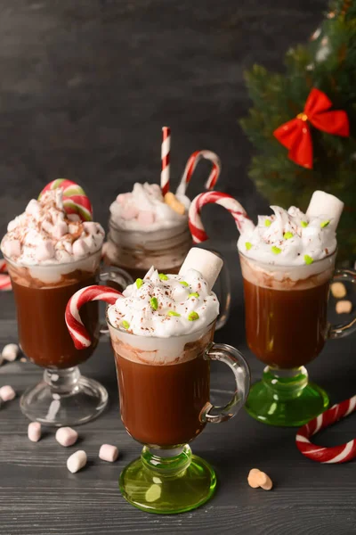 Glass Cups Tasty Cacao Candy Canes Marshmallows Table — Stock Photo, Image