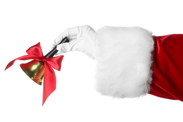 Jultomten Håller Jul Klocka Vit Bakgrund Närbild — Stockfoto