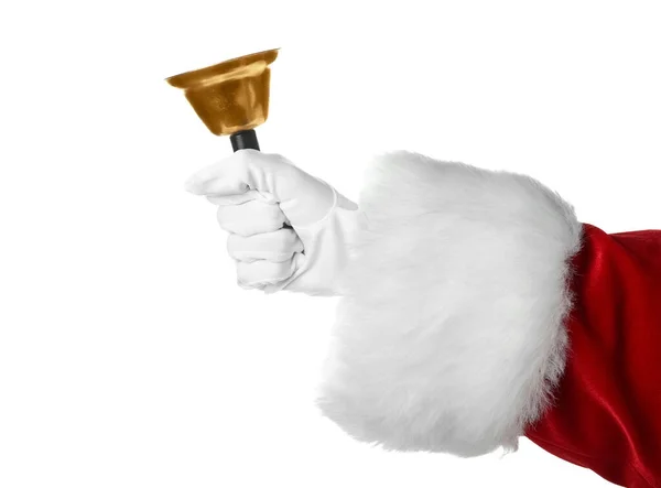 Santa Claus Håller Gyllene Jul Klocka Vit Bakgrund Närbild — Stockfoto