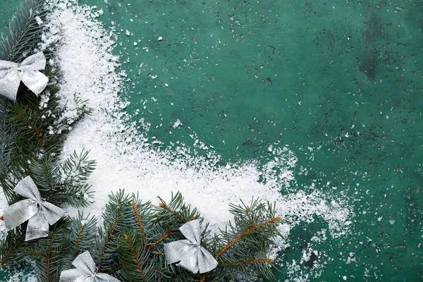 Fir Branches Christmas Bows Snow Color Background — Stock Photo, Image