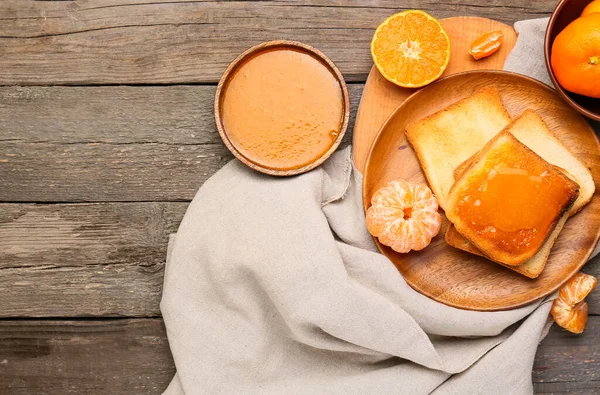 Tasty Toast Tangerine Jam Wooden Background — Stock Photo, Image