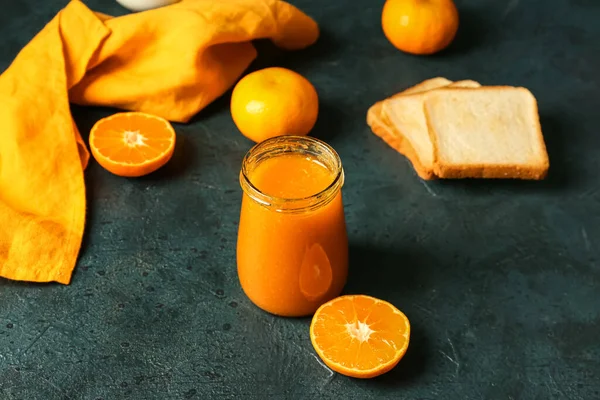 Jar Tasty Tangerine Jam Bread Dark Background — Stock Photo, Image