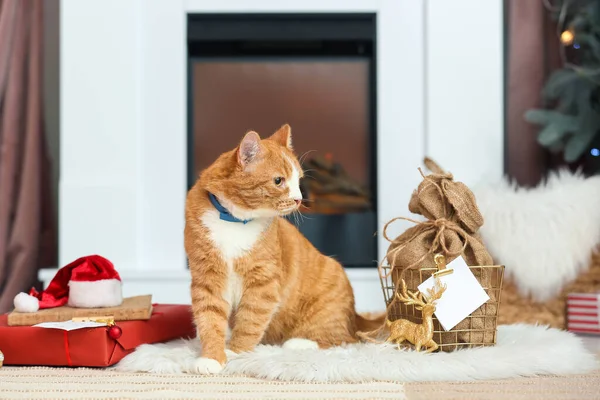 Niedliche Rote Katze Kamin Hause Heiligabend — Stockfoto