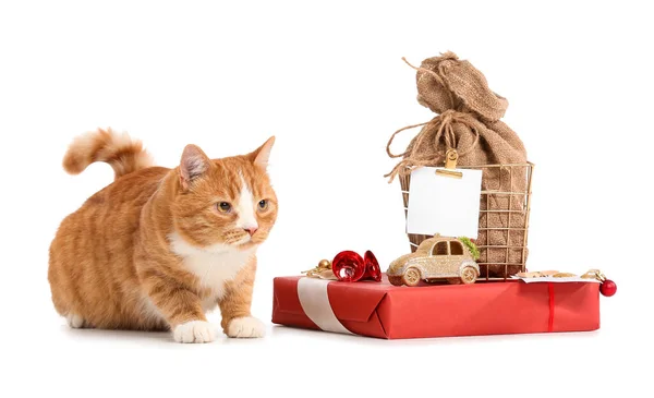 Roztomilý Červená Kočka Vánoční Dárky Bílém Pozadí — Stock fotografie