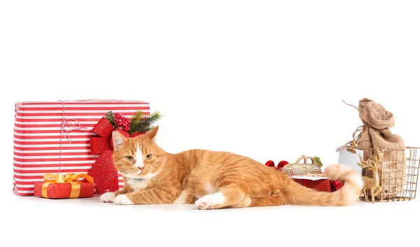 Niedliche Rote Katze Mit Weihnachtsgeschenken Auf Weißem Hintergrund — Stockfoto