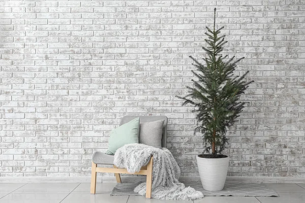 Schöner Weihnachtsbaum Topf Und Sessel Mit Plaid Der Nähe Von — Stockfoto