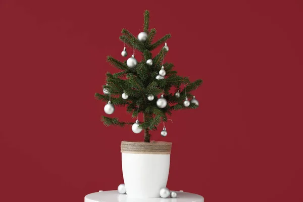 Güzel Dekore Edilmiş Noel Ağacı Kırmızı Duvarın Yanındaki Masada — Stok fotoğraf