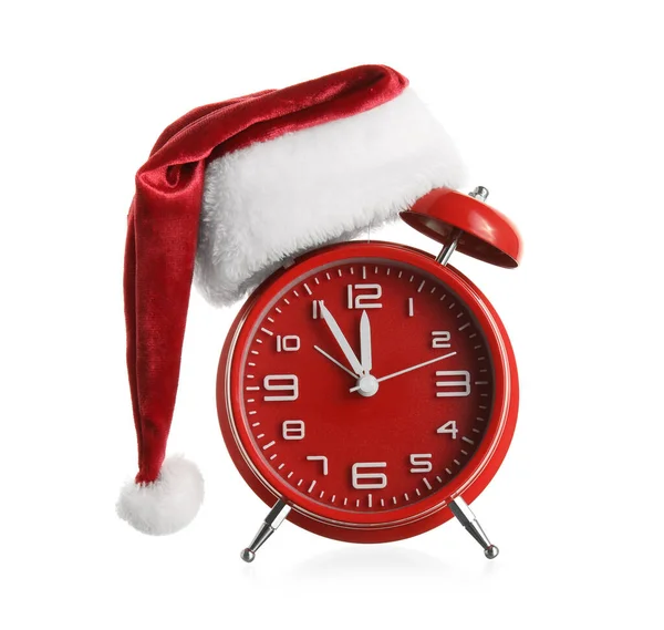 Alarm Clock Santa Hat White Background — Stock Photo, Image