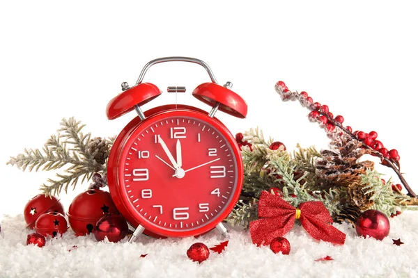Beautiful Composition Alarm Clock Snow Christmas Decorations White Background — Stock Photo, Image