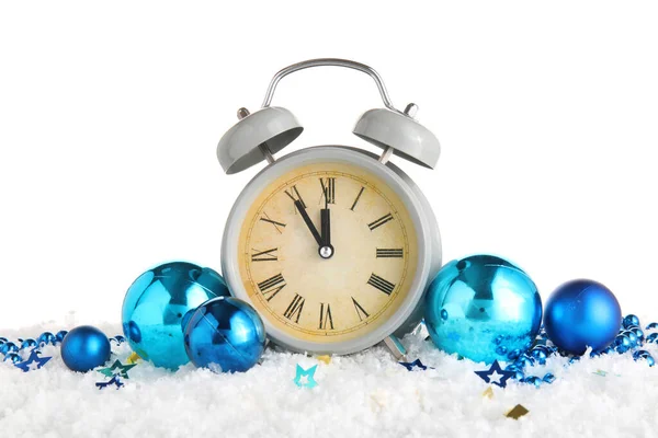 Alarm Clock Blue Christmas Balls Snow White Background — Stock Photo, Image