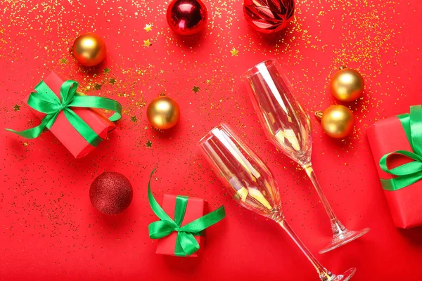 Composition Christmas Gifts Decorations Glasses Red Background — Stock Photo, Image