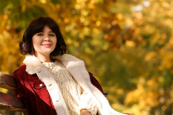 Pretty Woman Sitting Bench Enjoying Sunny Day Autumn Park Stock Photo