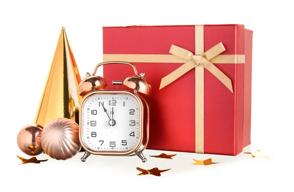 Composition Alarm Clock Christmas Gift Decorations White Background — Stock Photo, Image