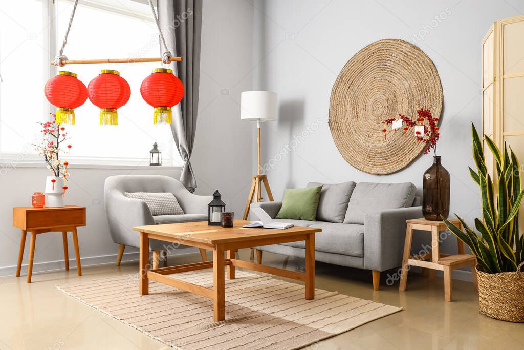 Interior of living room decorated for Chinese New Year celebration