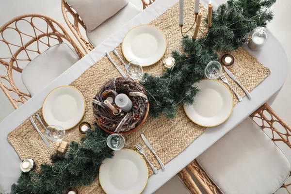 Mesa Comedor Con Hermoso Escenario Para Celebración Navidad Vista Superior — Foto de Stock