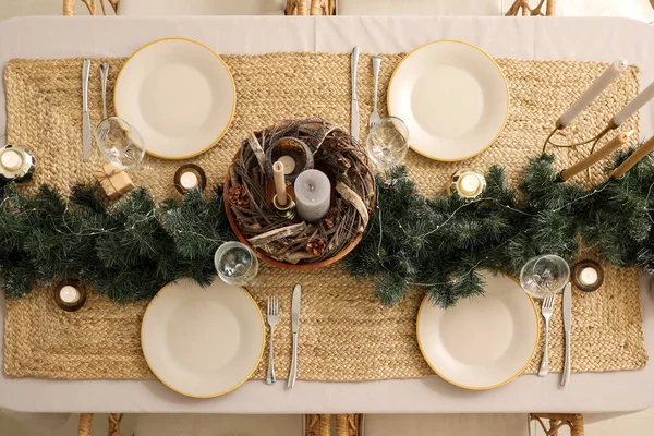 Mesa Comedor Con Hermoso Escenario Para Celebración Navidad Vista Superior — Foto de Stock