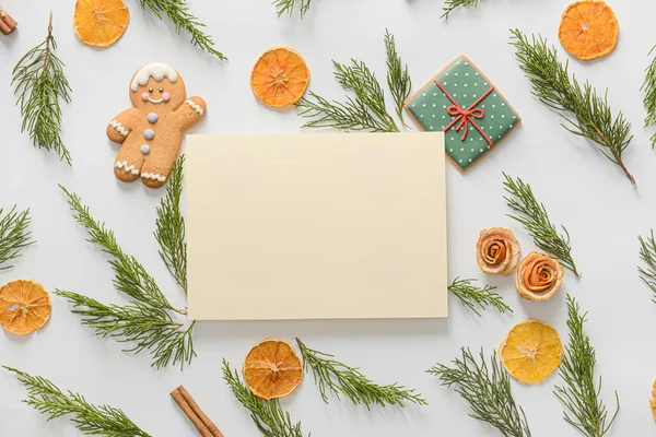Blank Card Cookies Dried Orange Slices Coniferous Branches White Background — Stock Photo, Image