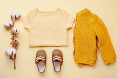 Renkli bebek kıyafetleri, ayakkabılar ve pamuk dalı