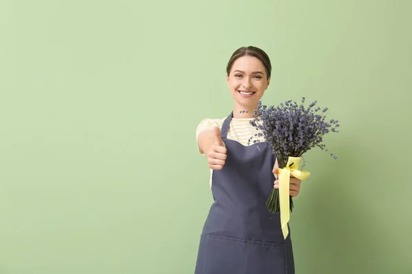 Female Gardener Lavender Showing Thumb Color Background — Stock Photo, Image
